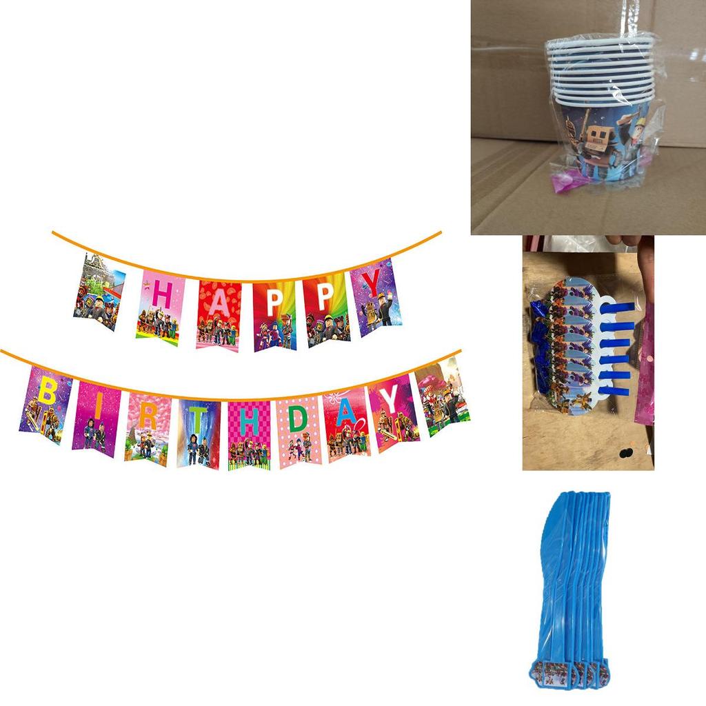 Suministros vibrantes para fiesta temática de Roblox para celebraciones de cumpleaños infantiles con pancartas y adornos para pasteles