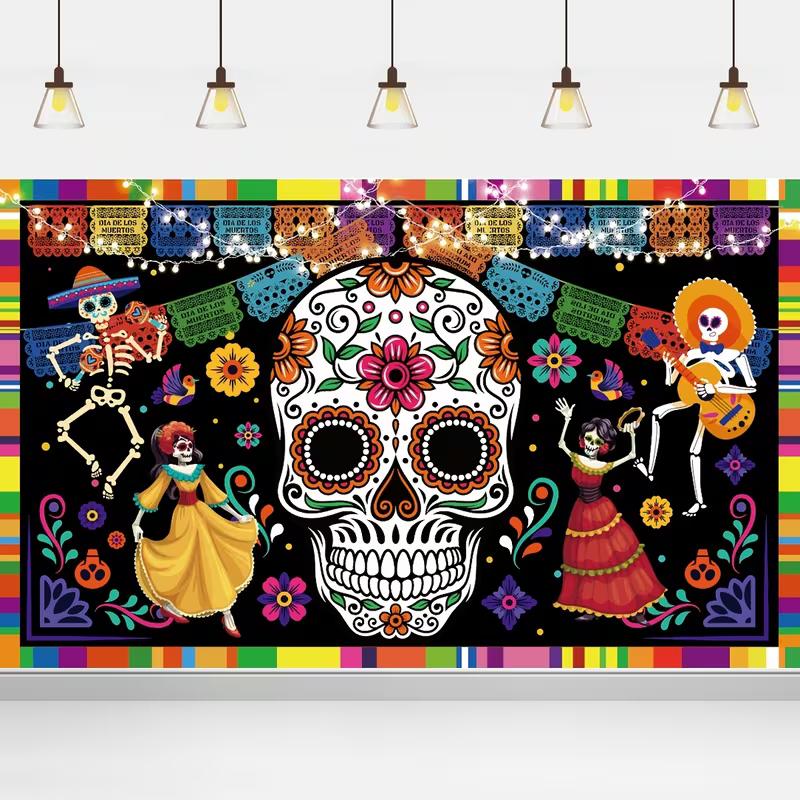 2D Sugar Skull Skeleton Backdrop for Dia de los Muertos Photoshoot 47.2x31.5inch/120*80cm