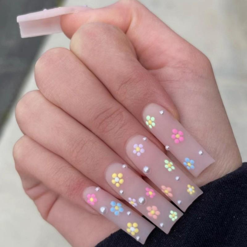 Sweet Floral Press-On Nails With Water Pearl Accents Removable Nail Tips 24 Pieces Gel Nail Tips