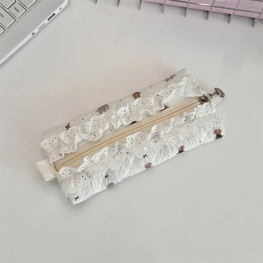 Cute Lace Ruffle Pencil Case for Kids Girl Sweet Cartoon Makeup Brush Organizer Large Capacity Soft Fabric Stationery Storage
