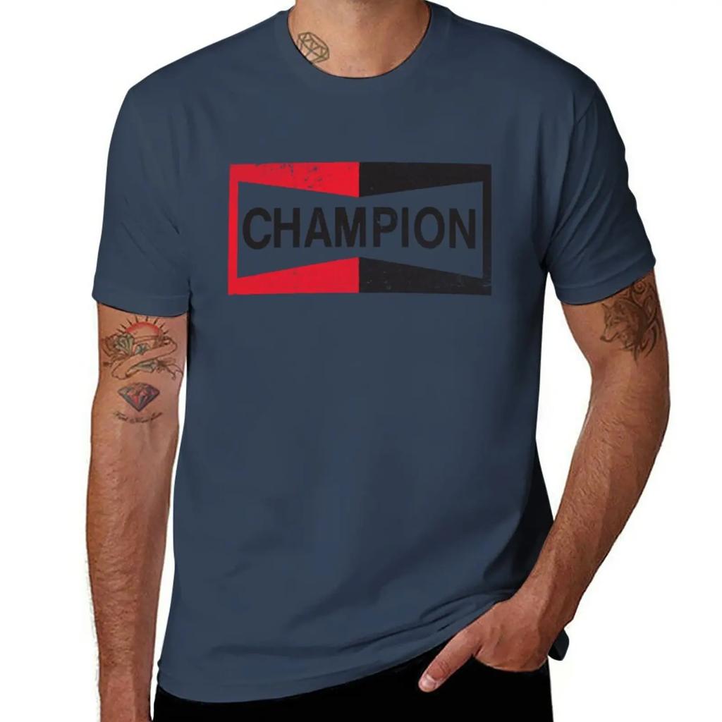 Summer Tops Tee Shirt Short Sleeve Fitted T Shirts for Men New CHAMPION - Spark Plug Retro Distressed Emblem - Cl T-Shirt Cotton