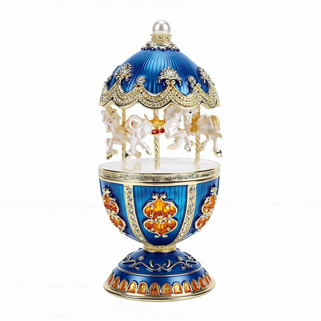 Carousel Jewelry Box Magnetism Egg Shaped Rotating Horse Rhinestone Enamel Jewelry Storage Box Blue