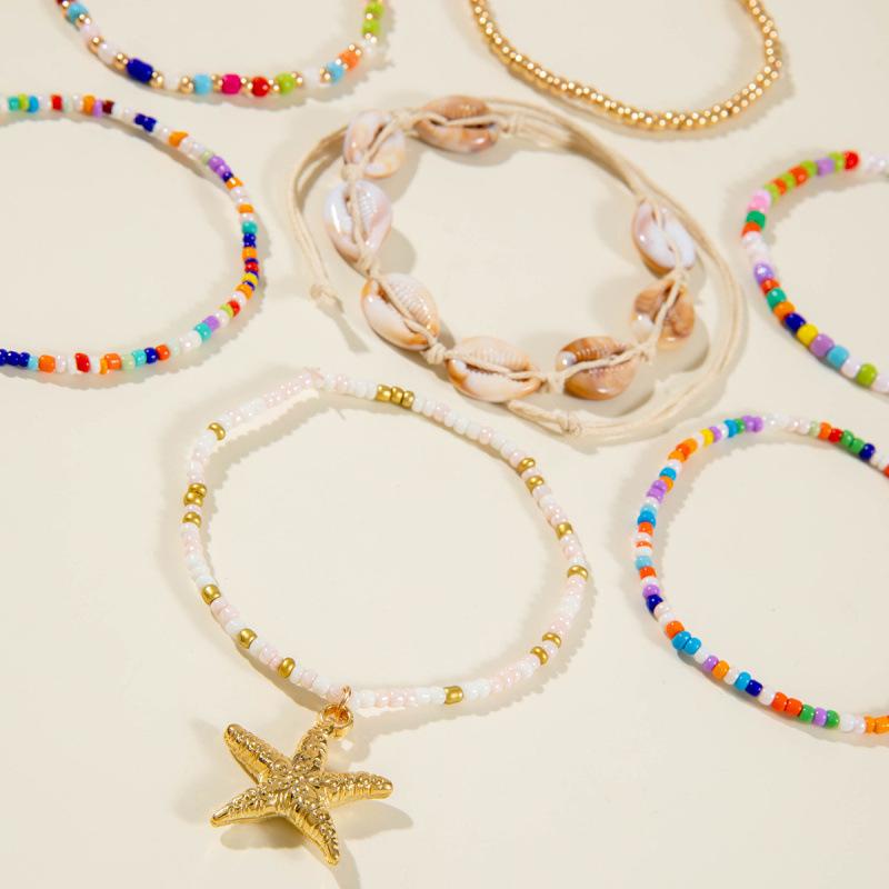Bohemian holiday style acrylic shell woven anklet, beach style resin starfish anklet seven pieces