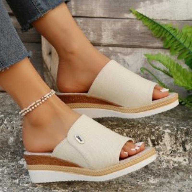 New summer women's slope heel thick bottom fish mouth slippers large size one word with slope heel slippers women