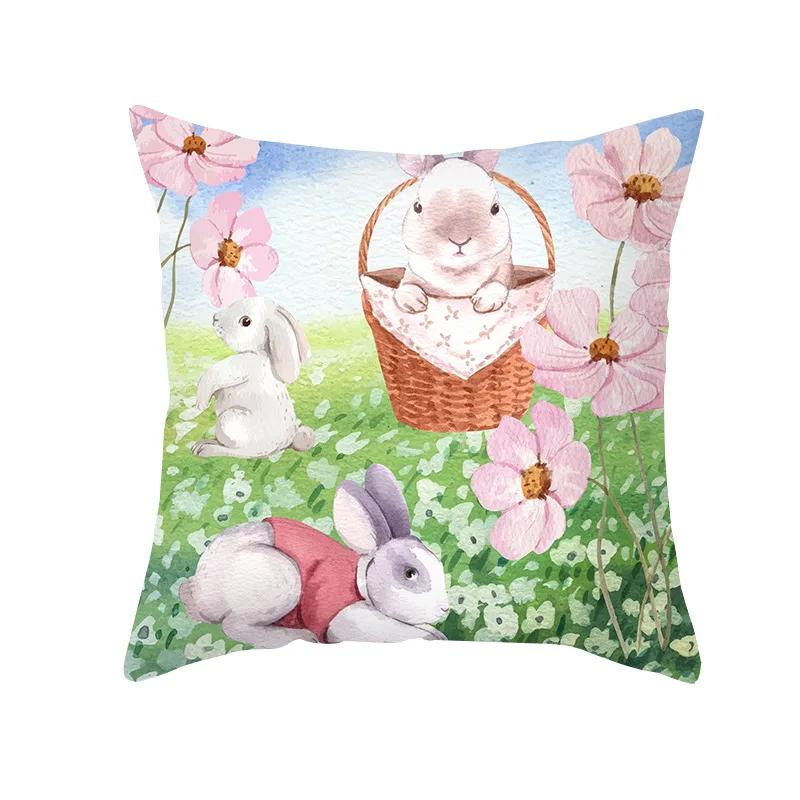 Home Decor Easter Pillowcase Flowers Rabbit Egg Print Pillowcase Sofa Cushion Cover Bedroom Room Decor 45x45 Cm