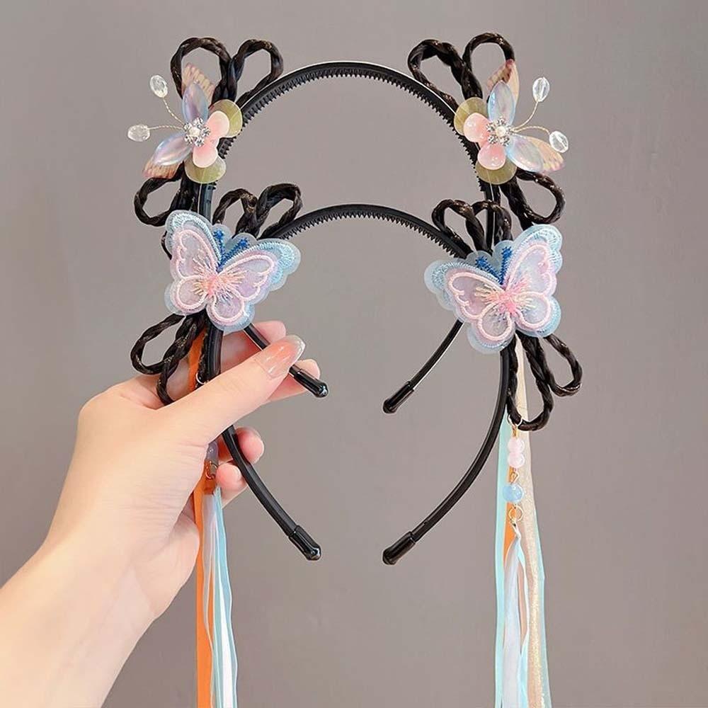 Chinese Style Butterfly Ribbon Headband Exquisite Embroidery Beads Girls Hanfu Headwear Tassel Bow Wigs Braided Hair Hoop Party