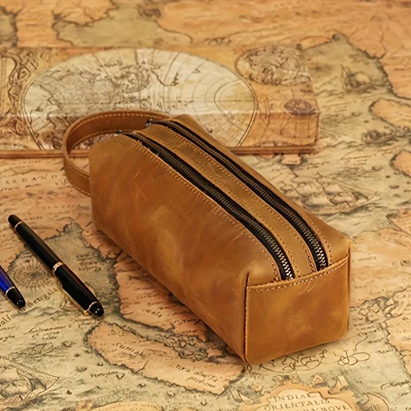 Vintage Leather Pen Box, Simple Large Capacity, Creative Double Layer, Zipper Storage Bag, with Back to School Gift