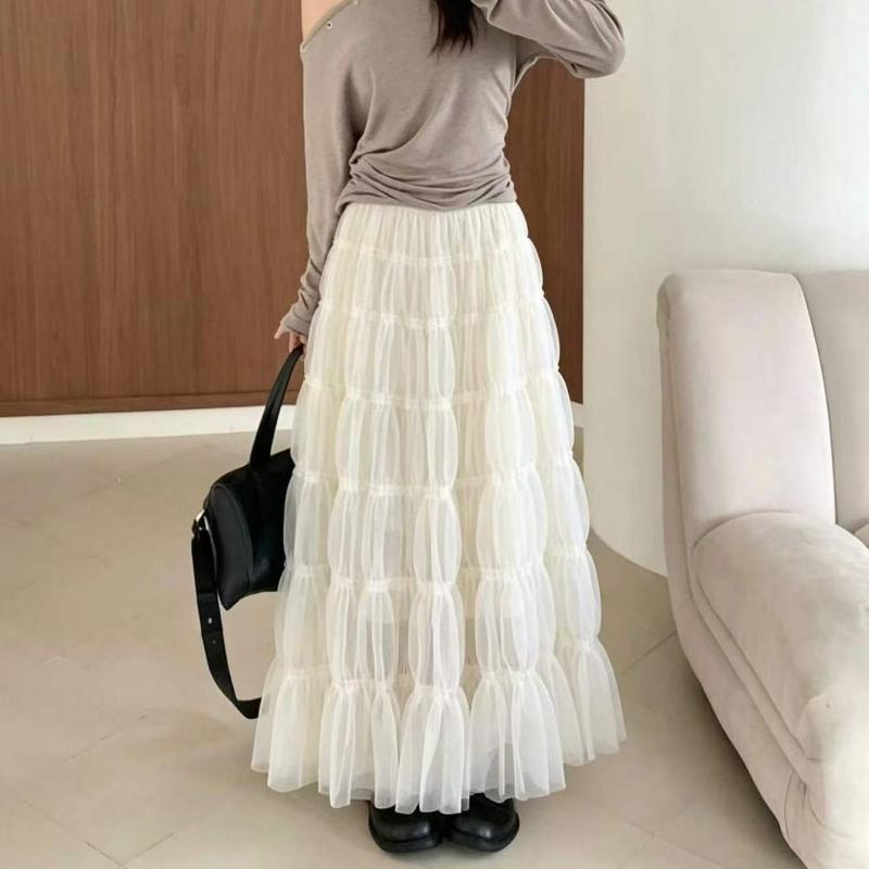 Qooth Korean Soft Style Pleated Tulle Fluffy High Waist A-Line Maxi Skirt Flowy Draped Full Flare Half Skirt for Women QT2969