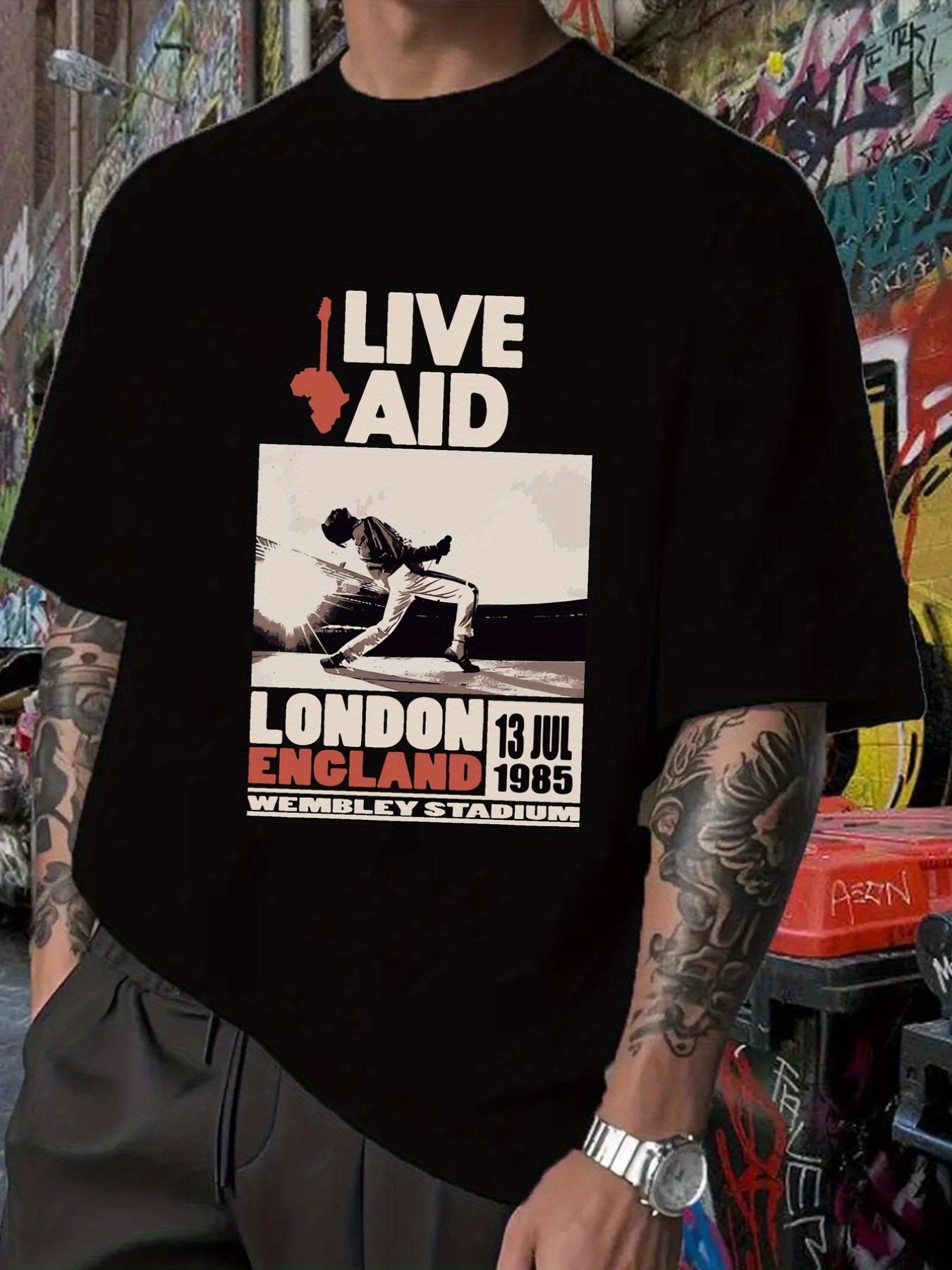 Live Aid London 1985 Graphic T-shirt - Black Hip-Hop Style Short Sleeve Tee with Band Member Silhouette XXL