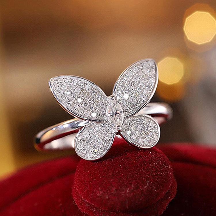 Womens Ring with Leaf Petals Korean Style Luxurious Fully Inlaid Zircon Butterfly Ring