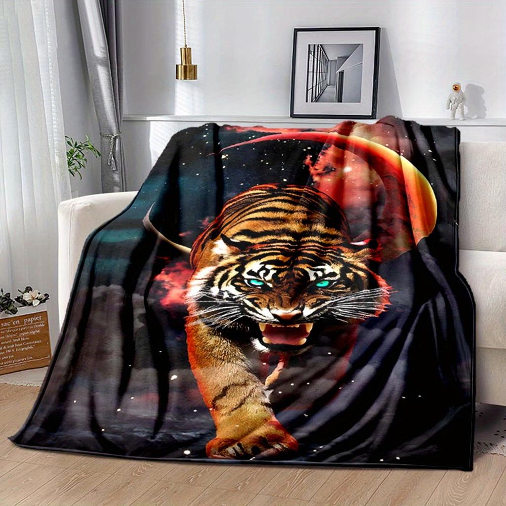 Tiger Roaring Moon Design Pattern Flannel Printed Blanket Suitable for All Seasons Suitable for Living Room Office Sofa Travel