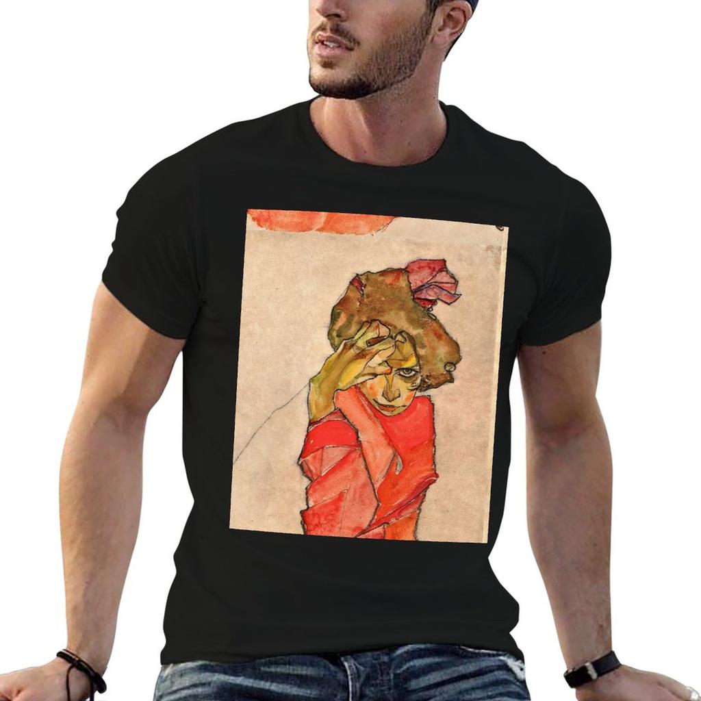 Egon Schiele - Kneeling Female In Orange Red Dress 1910 T-Shirt cotton t shirts high quality t