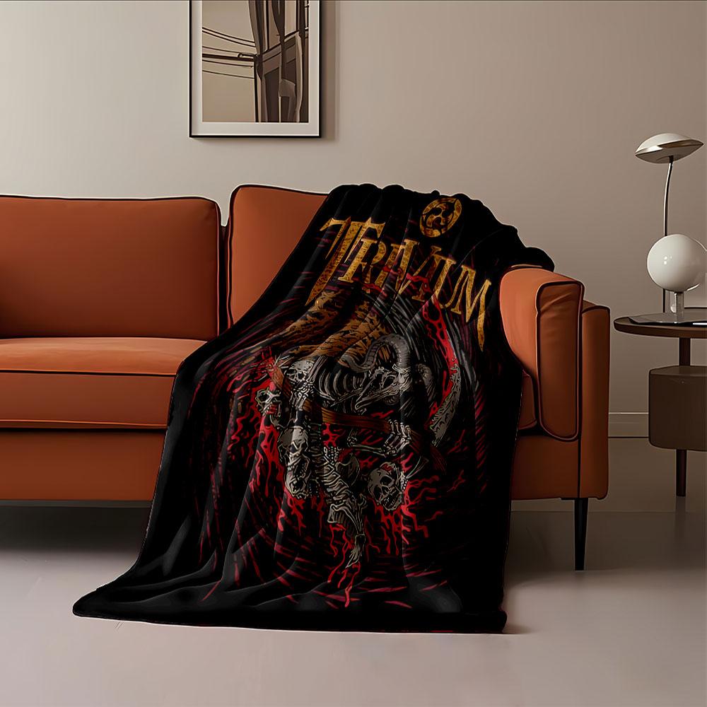A Swirling Skeletal Design with Horns, Scythe, and Blood-like Accents. for All Seasons Blanket Lunch Break Throw Gift