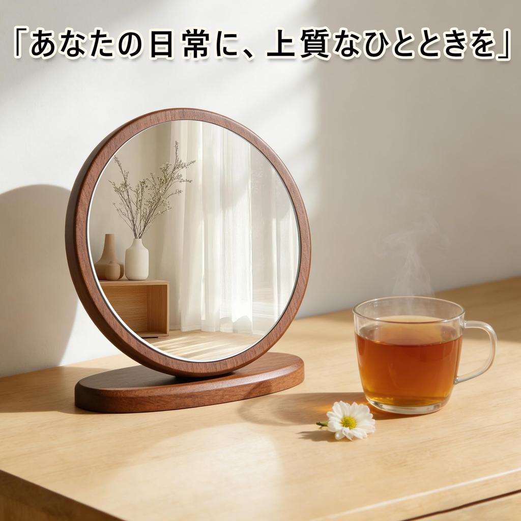 Hohoemi 20cm Compact Mirror, MDF Walnut Finish, Safety Certified, Round, Tabletop Mirror, Lightweight, for Rental Apartments, Women
