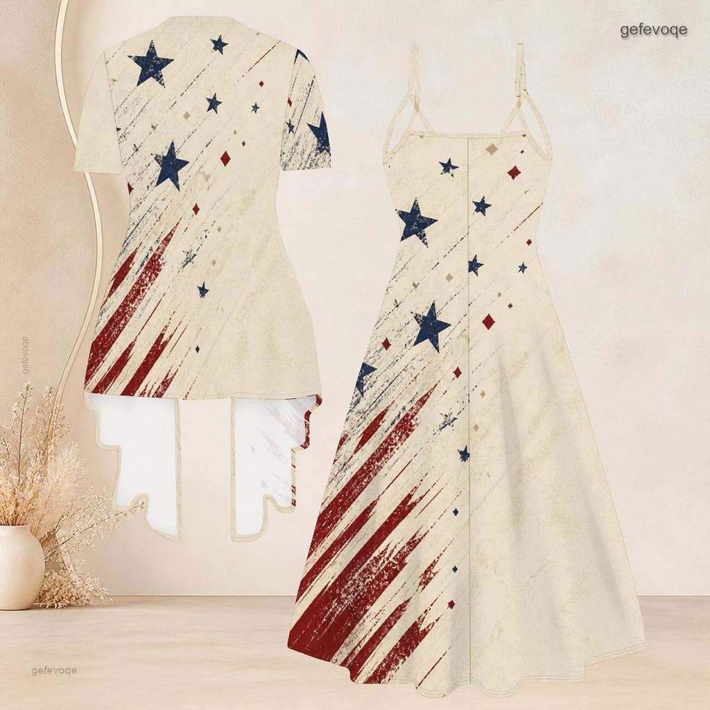 Women Plus Size Two Piece Set Strappy V Neck Flared Dress Short Sleeve Open Cardigan Printed Star Moon Pattern Beige Navy Red