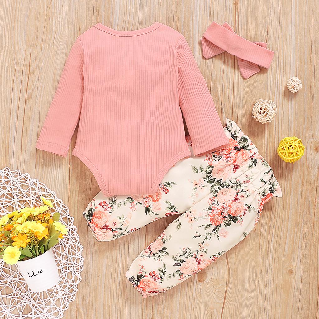 Toddler Baby Girls Long Sleeve Ruffles Romper Bodysuit+Floral Pants Outfits