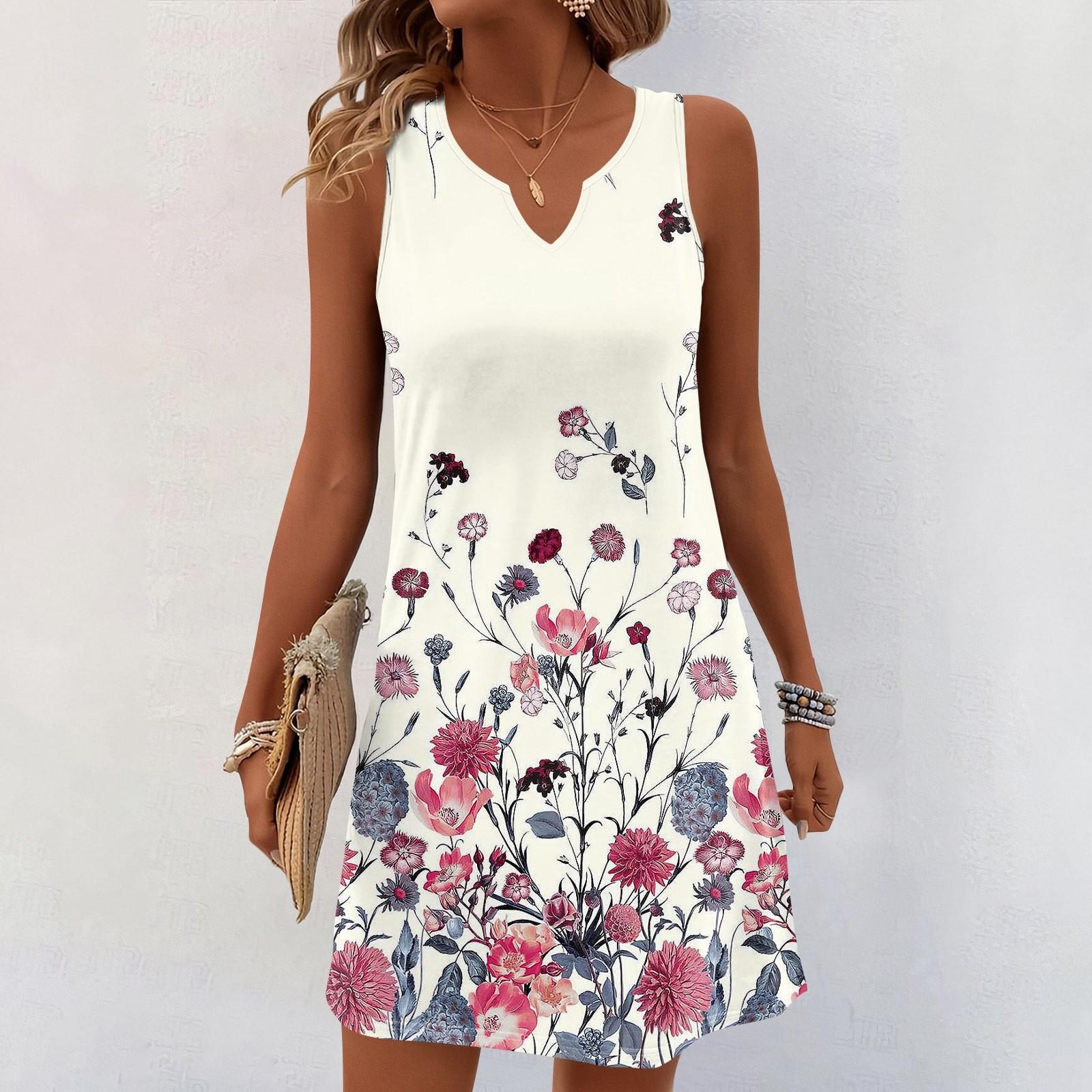 

Женские летние платья с V-образным вырезом и принтом без рукавов Сарафан Повседневное платье XXXL бежевый