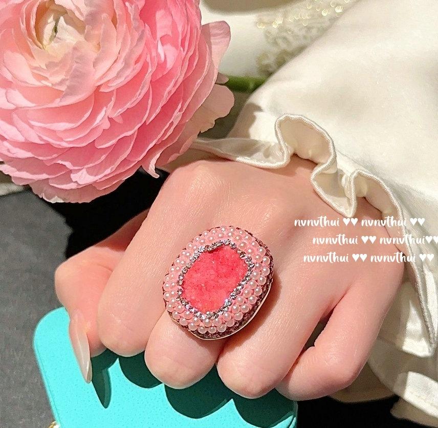 Nvnvthui Papalacha Tourmaline Crystal Bead Bracelet, Peach Blossom Powder Pearl Ring, Mapei Earrings