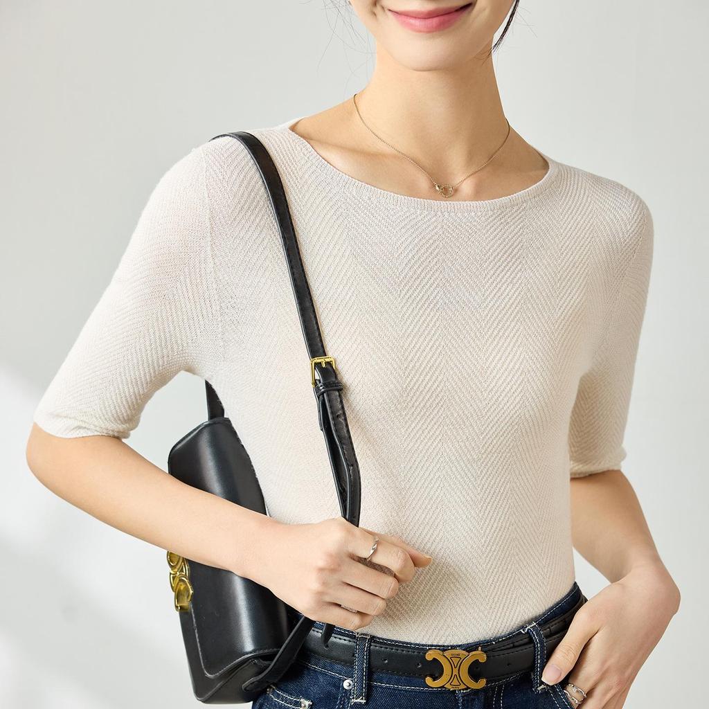 Yangtze Fine Spun Wool One-Shoulder Mid-Sleeve Women's Slimming T-Shirt, Spring Pure Color Elegant Base Layer Top