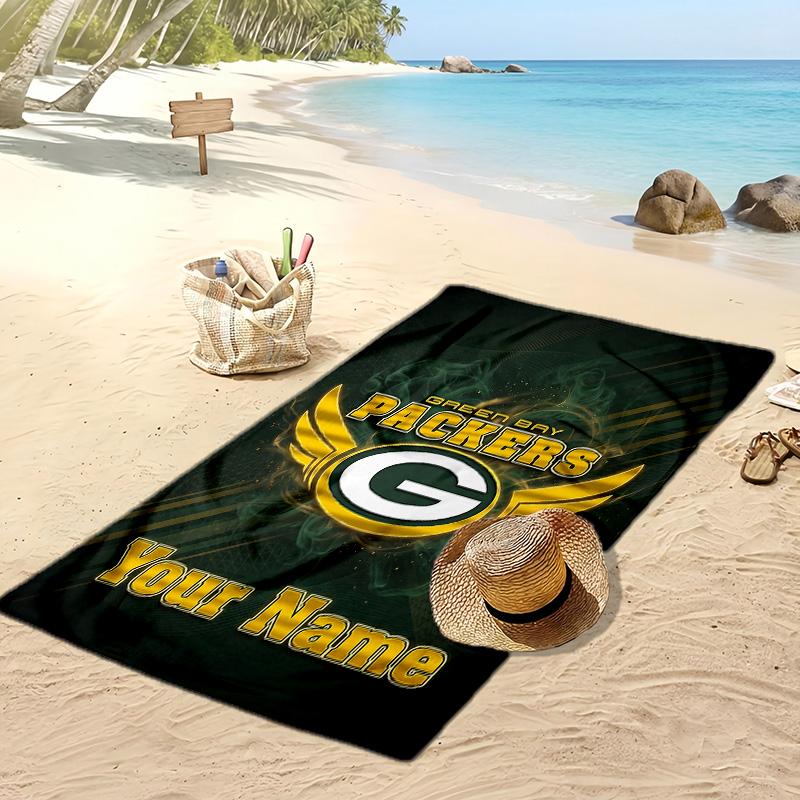 Green Bay Packers Custom Beach Towel, Print Your Name Text Lightweight Absorbent Towel for Swimming Travel