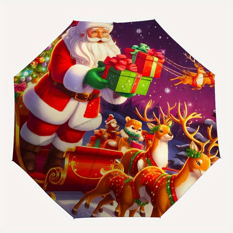 Weihnachtsmann & Rentier Weihnachtsschlitten Dekorativer AufkleberRegenschirm, Tragbarer 3-fach Kompakter Regenschirm, Weihnachtsgeschenk ES429