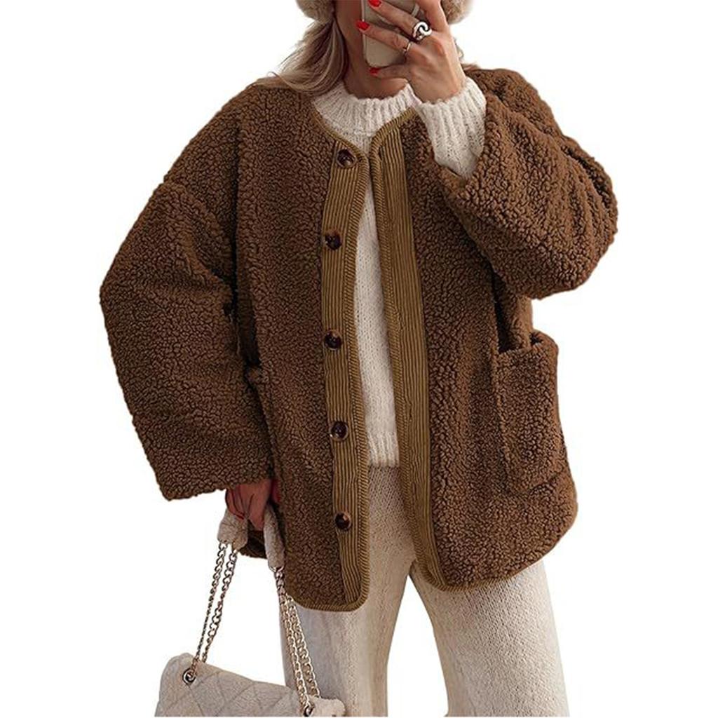 Women's Solid Color Collarless Casual Long Sleeved Button Down Plush Lamb Wool Jacket Jacket