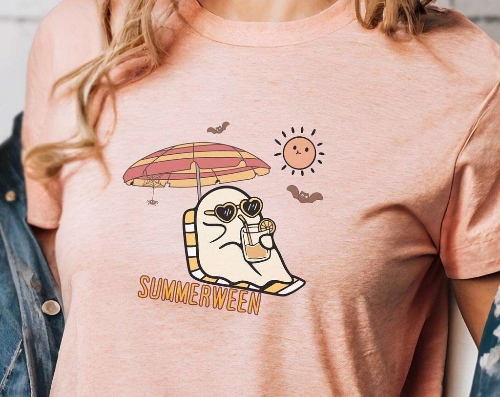 Summerween Cute Spooky Summer Ghost and Bat Whimsigoth Halloween Lover T-Shirt Unisex Jersey Short Sleeve