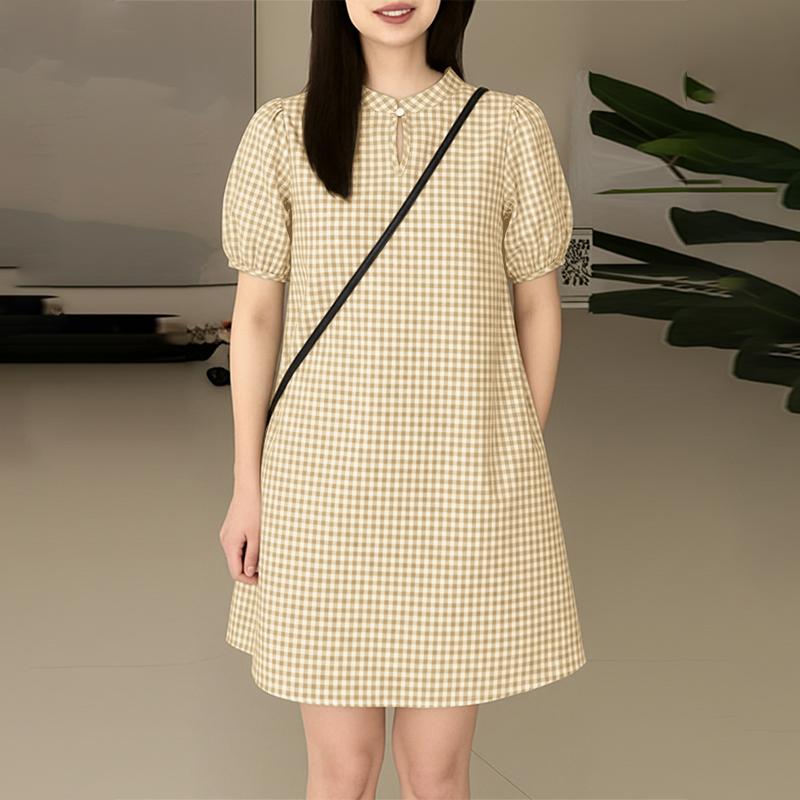 ZANZEA Women Casual Stand Collar Short Sleeve Loose Grid Print Dress S хаки