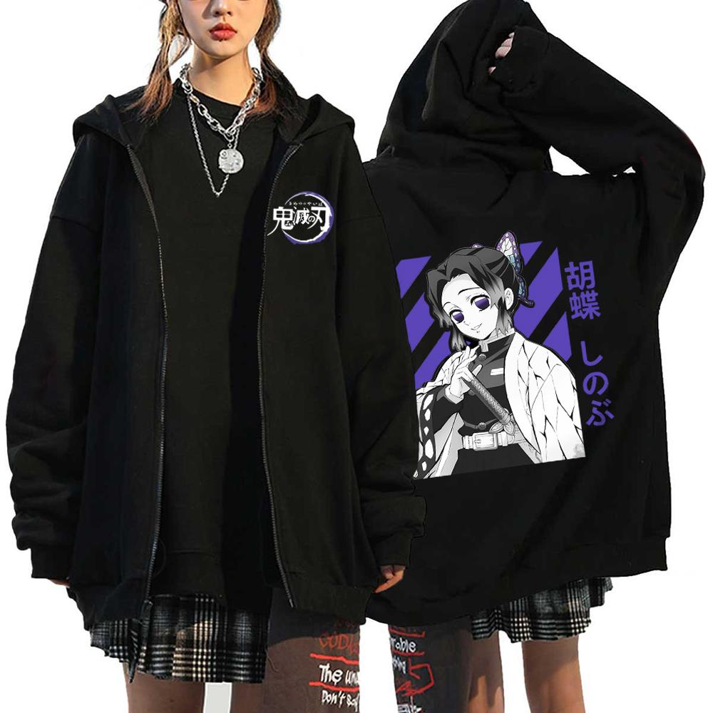 Hot Anime Demon Slayer Kochou Shinobu Print Hooded Men Women Zipper Hoodies Casual Streetwear Harajuku Sweatshirt Zip Up Jacket