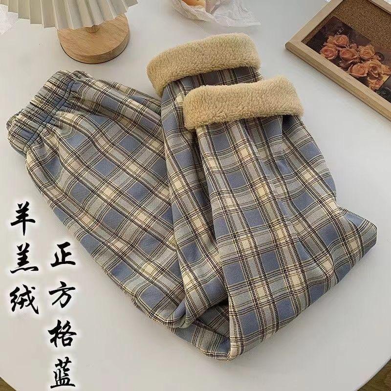 Black and white plaid pants women's autumn and winter new lamb wool wide-leg pants high waist straight Korean version of student casual pants