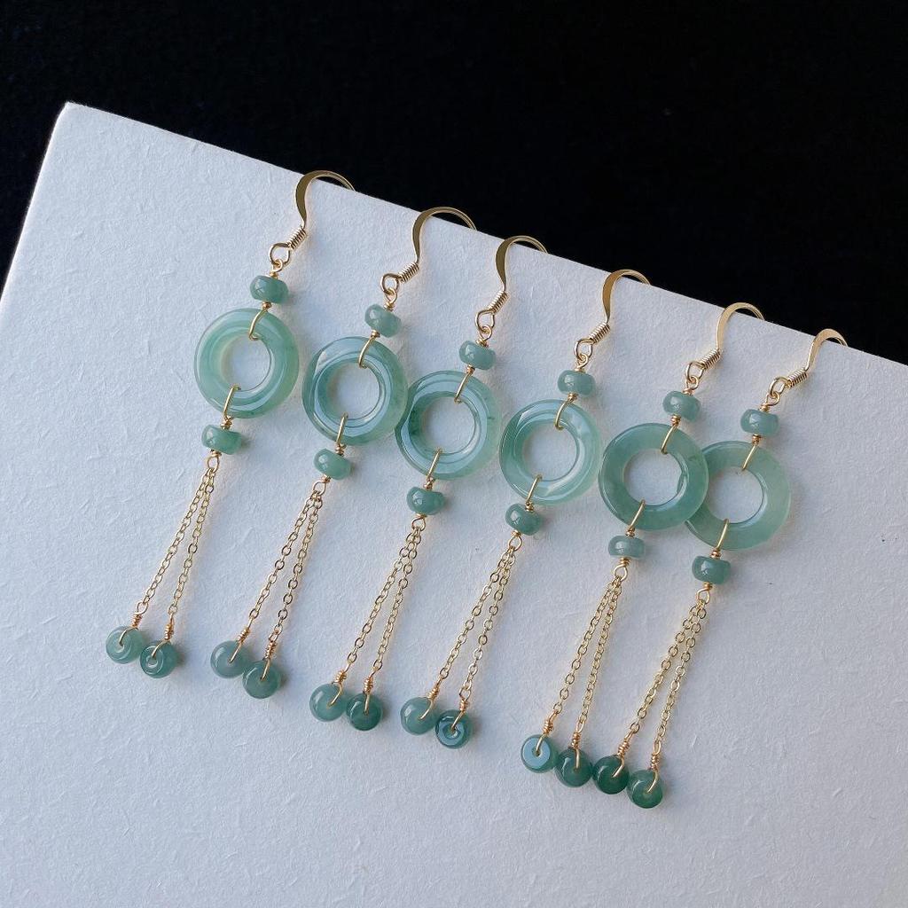 Natural Jade Blue Ice Donut Tassel Earrings, 14k Gold-Plated - Chinese Style