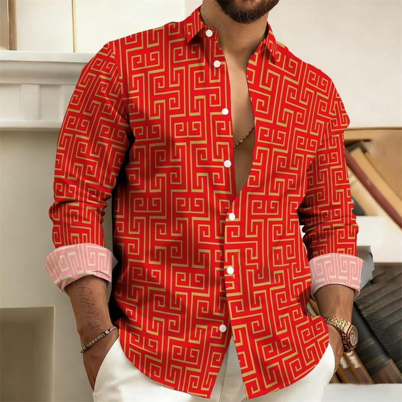 2026 New Men's Long-Sleeved Polo Shirt, Vintage Print Style with Greek Key Pattern, Elegant, Comfortable, and Stylish Men's Top