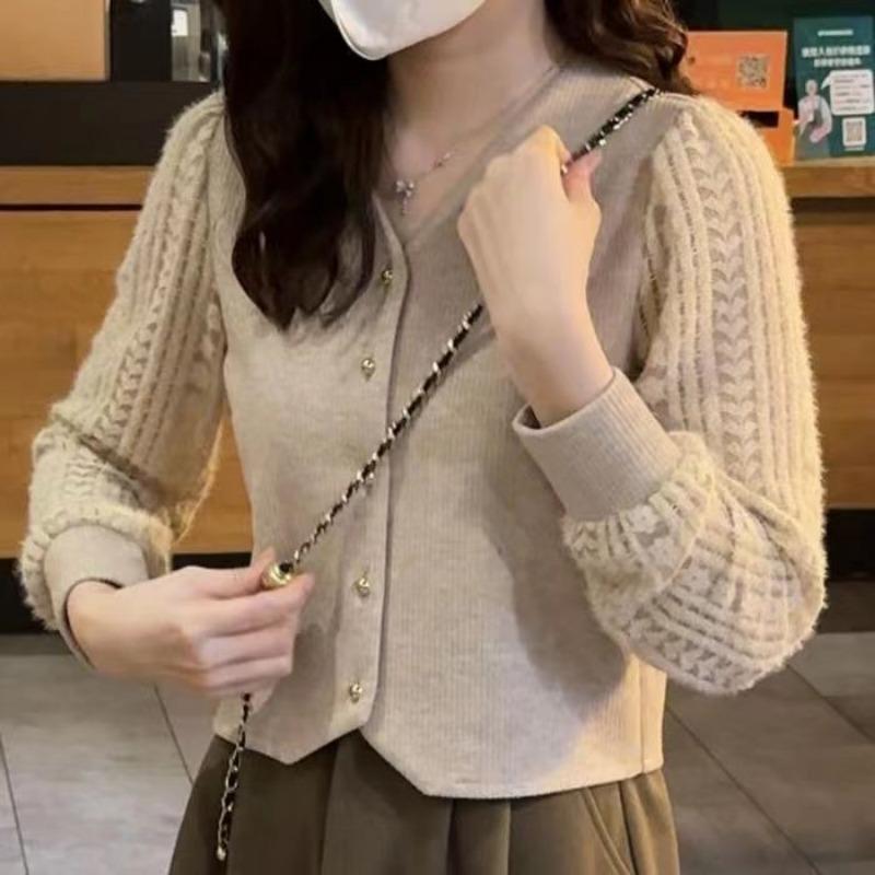 

Осень-зима бархатная длинная рукава ажурная низ в западном стиле трикотажная рубашка дизайн уменьшающий возраст универсальный верх кружевные женские свитера 2XL