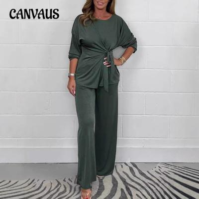 Autumn Women's Plus Size Pant Suit Solid Colour Casual Fashion Lace Up Long Sleeve Top and Trousers Suit