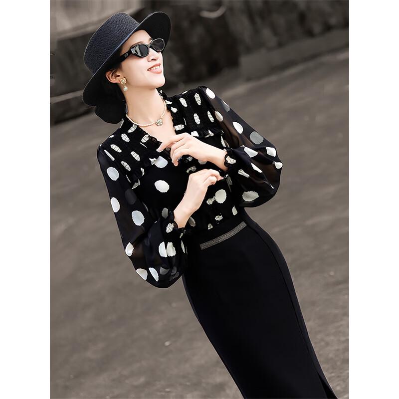 Lansere Women's French Style Polka Dot Ruffle V-Neck Blouse