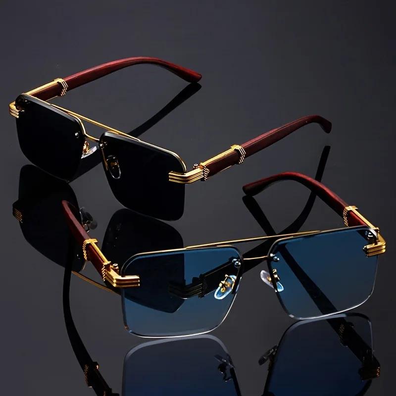 Women's Frameless Double Beam Fashion Sunglasses Golden Border Wood Grain Bracket for Male and Female Drivers Black Eyeglasses