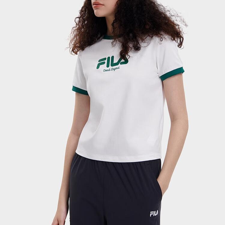 FILA Color Block Casual Tennis Ribbed Printed Short Sleeve T-Shirt Women Tops Cloud-White F11W339105FWT