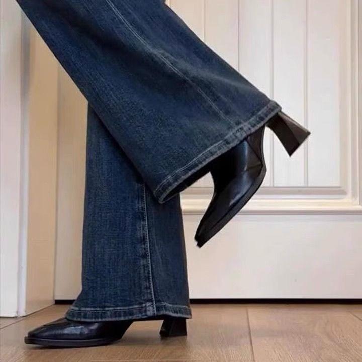 French Retro Square Toe Chunky Heel Ankle Boots for Women - Autumn Winter Versatile Slim Fit In Brown Black.