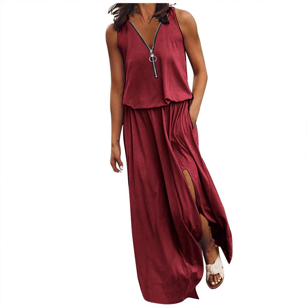 2023 Summer Sleeveless Long Dress: Fashionable Women's Casual Printed Dress with Waist-Cinching Zipper
