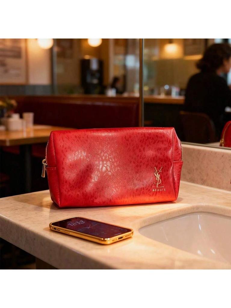 YSL Makeup Bag Storage Bag Toilet Bag Large Capacity Travel Portable Red 16 × 12 × 5cm