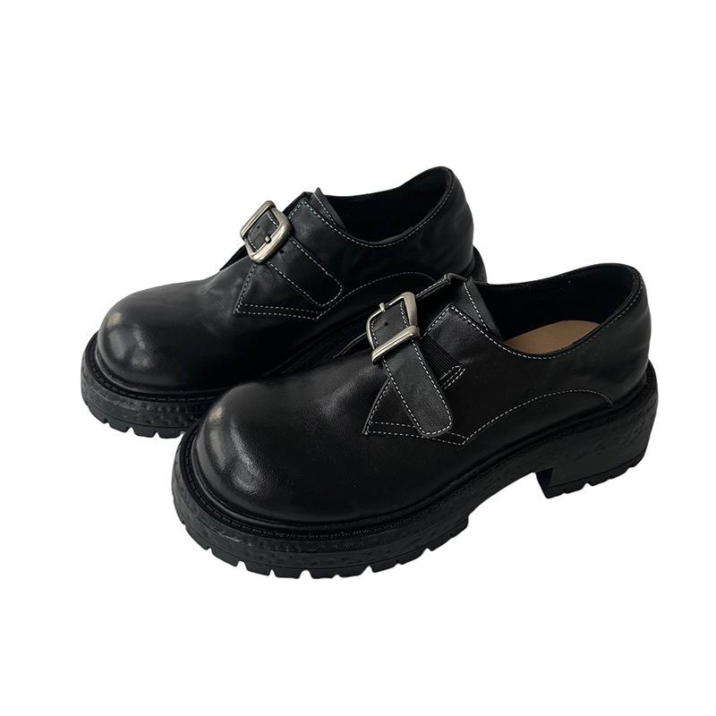 Cowhide version~ retro women's thick-soled heightened thick heel big head single shoes lazy buckle belt small leather shoes