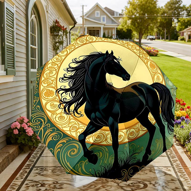 Black Horse Elegance: Luxury Umbrella with Intricate Floral Design   Auto Open/Close, Outdoor Protection, Travel Accessory, Lightweight & Durable 104