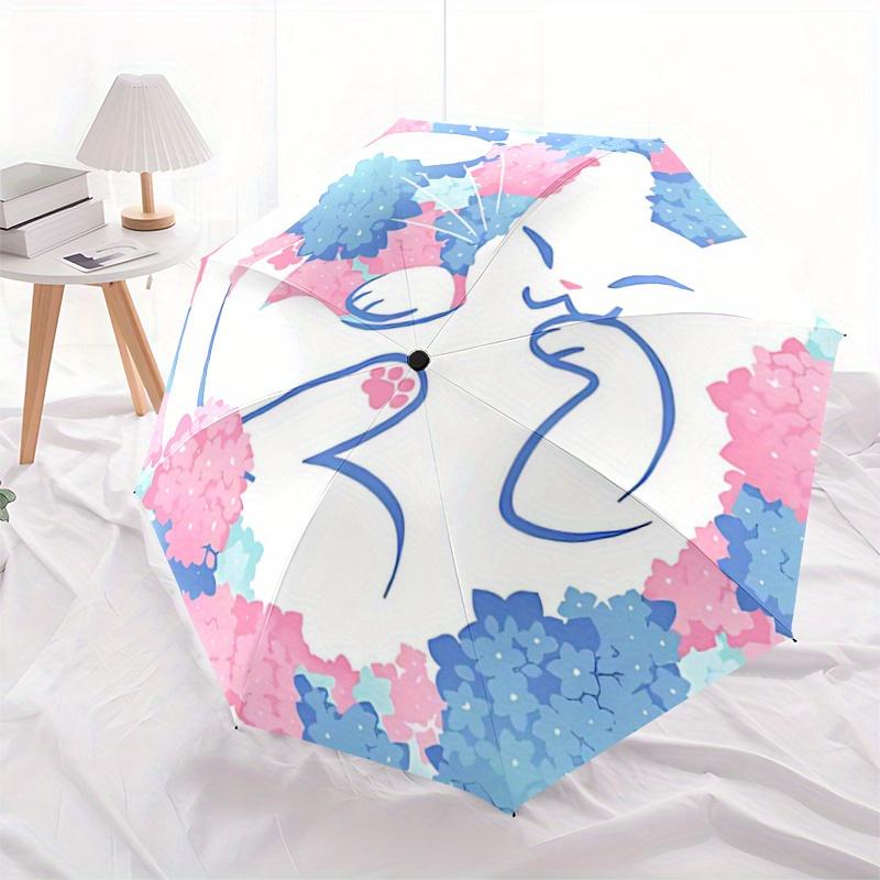

1pc Cat amidst Pink and Blue Hydrangeas Durable Cartoon Folding Umbrella, Portable 3-Fold Compact Umbrella for Men and Women, Suitable for Travel or D