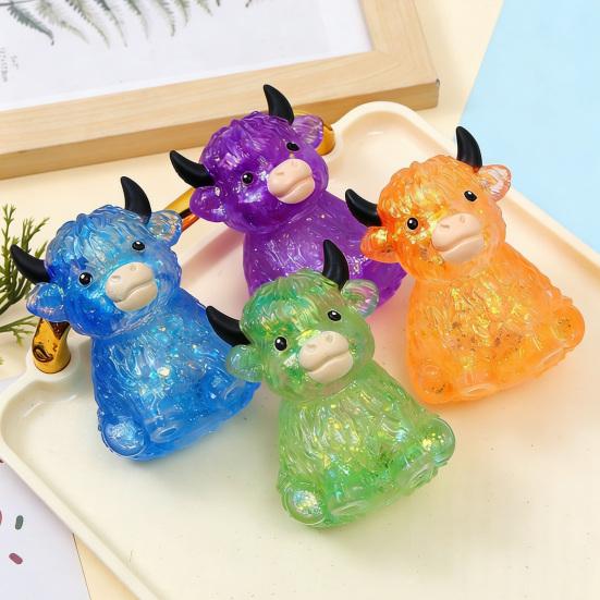 Glitzer-Hochlandrind Quetschspielzeug Langsam aufsteigend Klarer Rinder-Stressball Anti-Angst Weiche Tierform Haus-/Büro-Schreibtisch Fidget Toy
