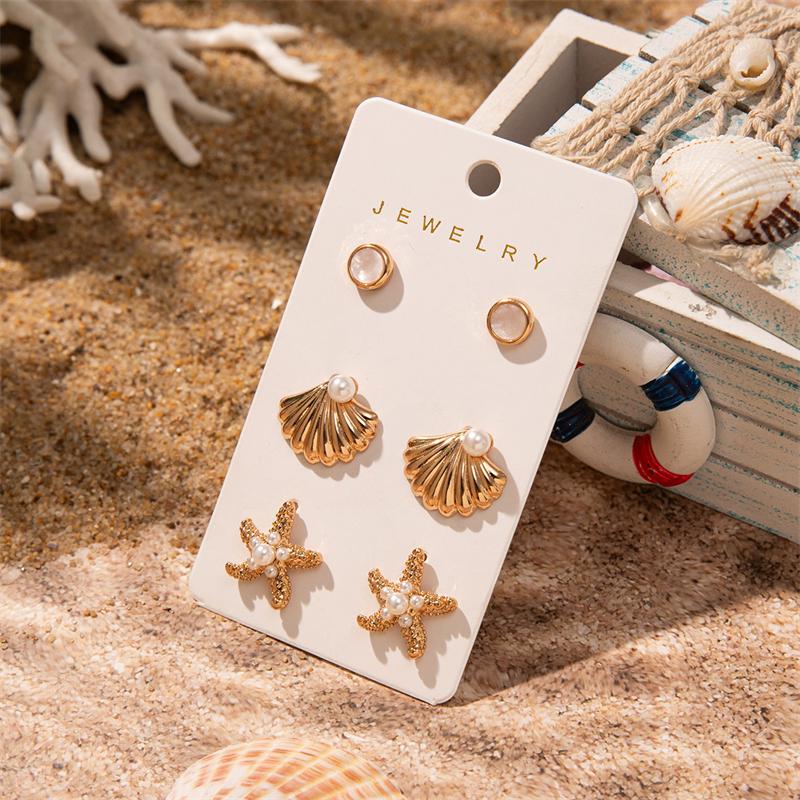 3Pairs Earring Set Gold Color Plated Imitation Shell Smooth Sea Star Pendant Pearl Earrings Women's Jewelry Gift
