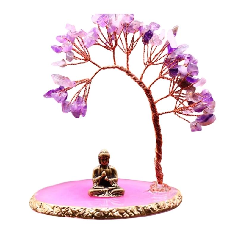 Buddhas Statue and Healings Crystal Tree,Yogas Meditations Decors Sitting Buddhas Statues Money Tree Desktop Decors фиолетовый