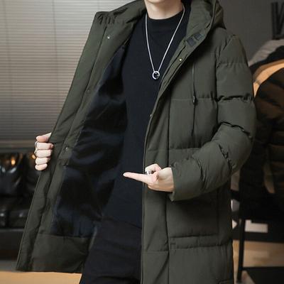 Men Winter Cotton Coat Thicken Padded Hooded Windproof Lightweight Cold Resistant Zipper Closure Long Sleeve Pockets Drawstring Mid Length Outdoor