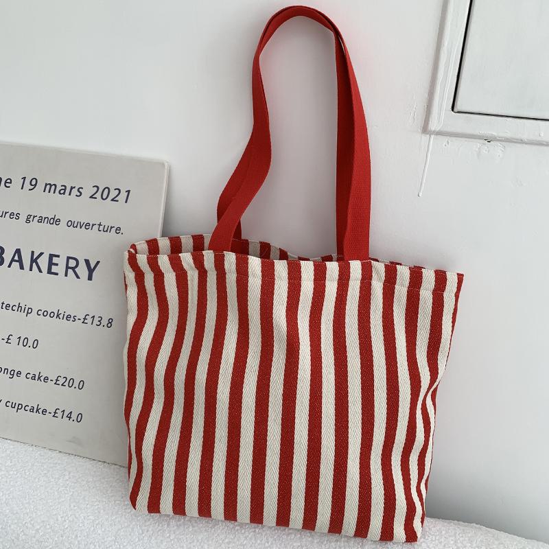 1Pcs Female Daily Shopping Bags Simple Striped Women'S Canvas Casual Shoulder Bags Fashion Large Capacity Ladies Tote Handbags