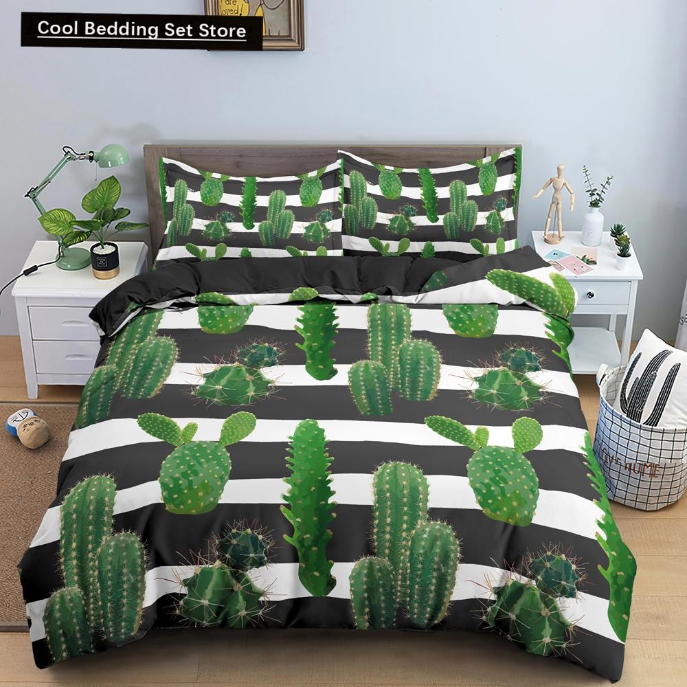 Cactus King Queen Duvet Cover Succulents Bedding Set for Kids Teens Adults Green Botanical Flowers 2/3pcs Polyester Quilt Cover