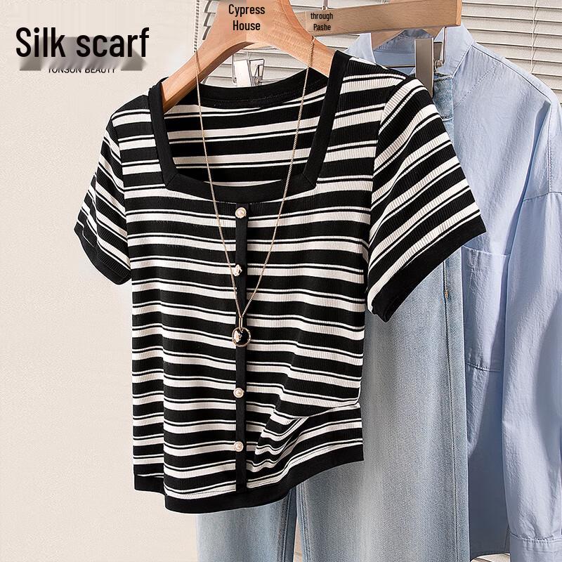 Sibaishe Women s 2025 Summer Short-Sleeve Square Neck Striped T-shirt M